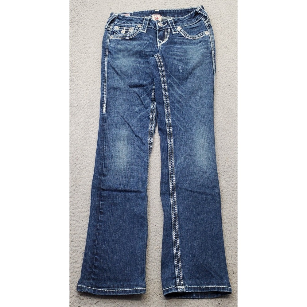 True Religion World Tour Jeans Youth Blue Low Waist Thick Stitch Straight Leg